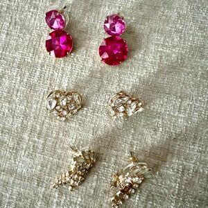 Set of 3 Banana Republic - Gold and Fuchsia Crystal Stud Earrings
